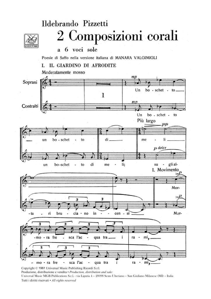 2 Composizioni Corali A 6 Voci Sole
